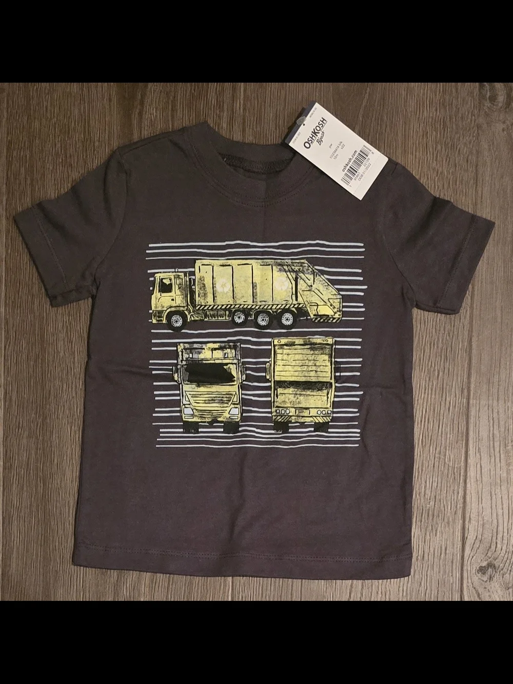 OshKosh B'gosh Dark Gray Tee with Yellow Garbage Recycle Trucks Graphic 12 Month